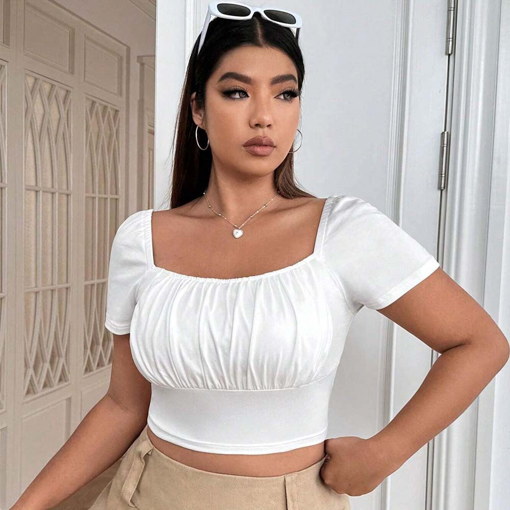 Plus Size Square Neck T shirt Summer Slim Fit Solid Color Short Top - Curvy 'n Pretty