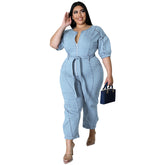 Short sleeve zipper wash denim jumpsuit in casual fit, with pockets and belted style, perfect for summer.
