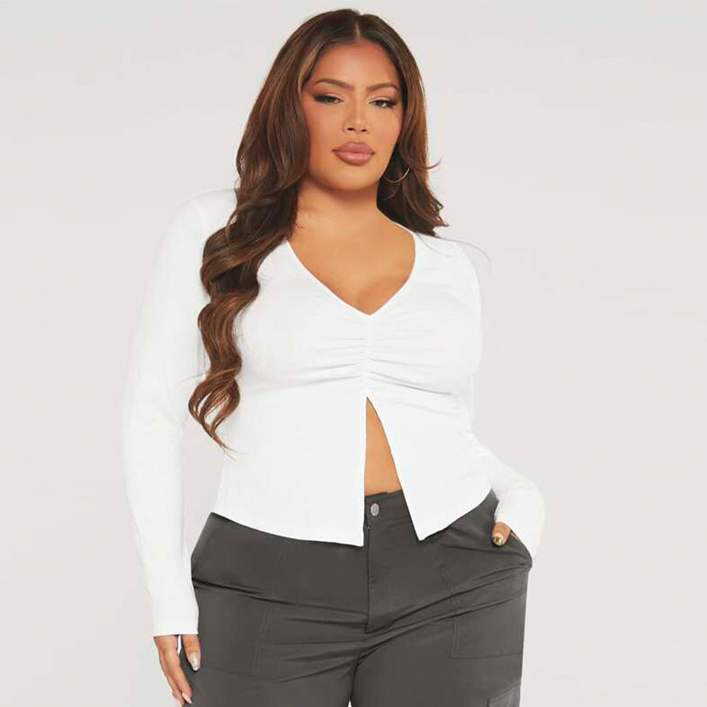 Slim Fit Slit Stretch Knitted Casual Long Sleeves T shirt Top - Curvy 'n Pretty