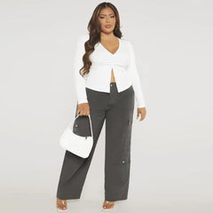 Slim Fit Slit Stretch Knitted Casual Long Sleeves T shirt Top - Curvy 'n Pretty