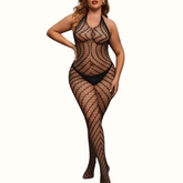 Sexy Living Solid Hollowed Out See-Through Backless Halter Plus Size Sleepwear - Curvy 'n Pretty