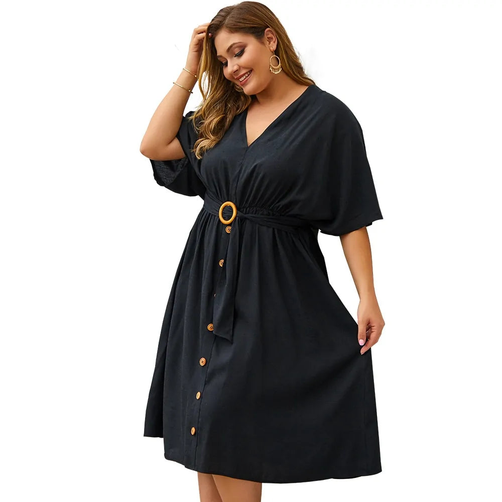 Plus Size Dress Full Sleeve V Neck - Curvy 'n Pretty