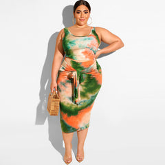 Plus Size Summer Tie-Dye Printing Skinny Sheath Casual Two-Piece Suit