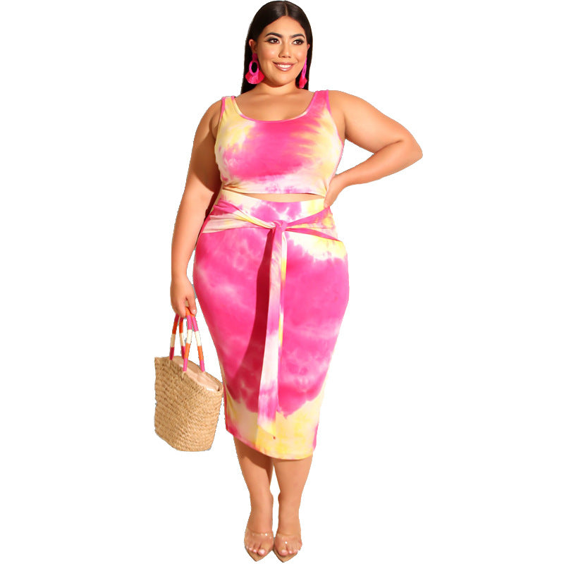 Plus Size Summer Tie-Dye Printing Skinny Sheath Casual Two-Piece Suit