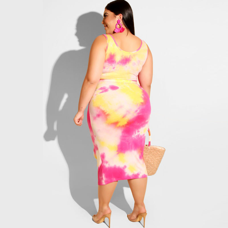 Plus Size Summer Tie-Dye Printing Skinny Sheath Casual Two-Piece Suit