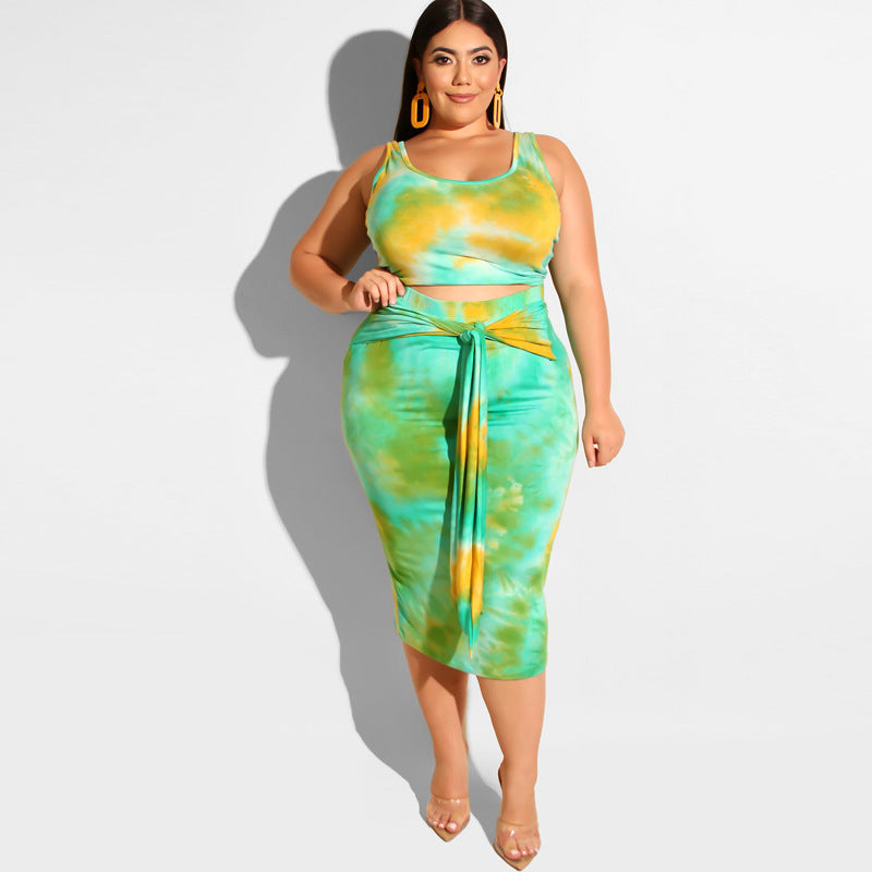 Plus Size Summer Tie-Dye Printing Skinny Sheath Casual Two-Piece Suit