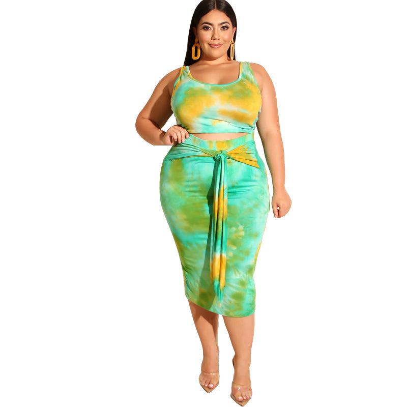 Plus Size Summer Tie-Dye Printing Skinny Sheath Casual Two-Piece Suit