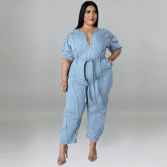 Short Sleeve Zipper Wash Denim Jumpsuit