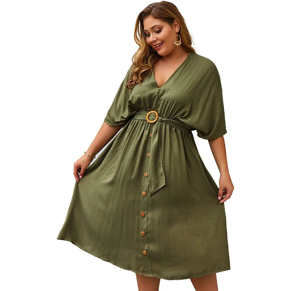 Plus Size Dress Full Sleeve V Neck - Curvy 'n Pretty