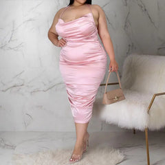 Plus Size Sleeveless Draped Satin Midi Dress - Curvy 'n Pretty