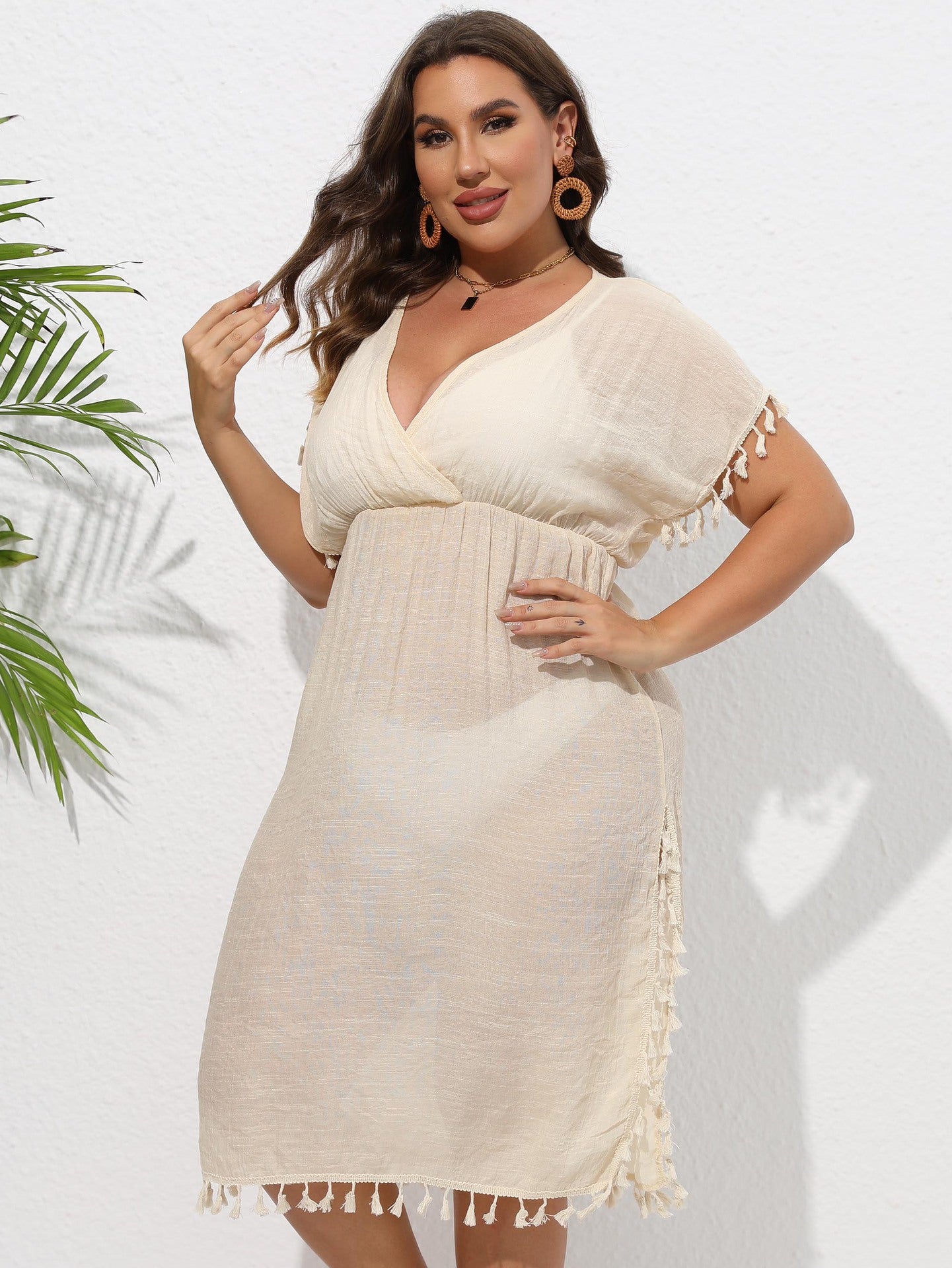 Beach Cover Up Tassel Stitching Deep V Plunge Waist Dress