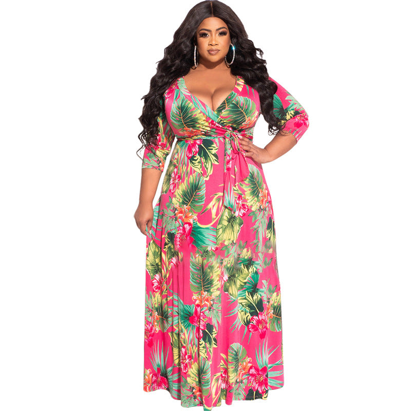 Plus Size Summer Women Floral Leaf Print Loose Dress with Belt