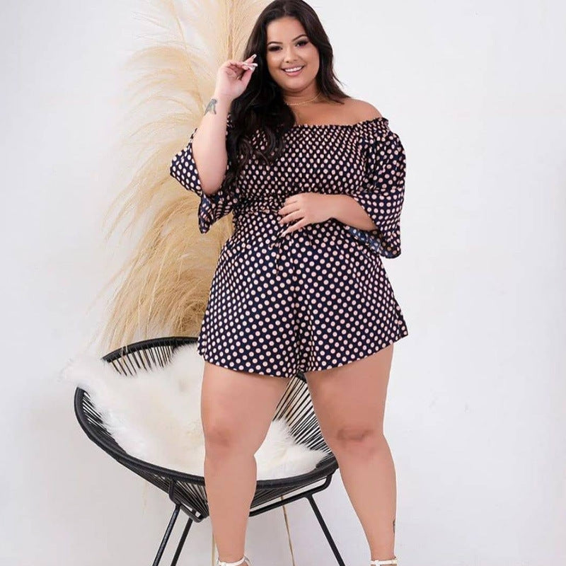 Plus Size Casual Suit Summer Pants Polka Dot off Shoulder Top - Curvy 'n Pretty