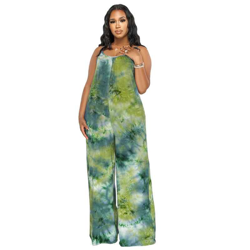 Tie-Dyed Printed Sling Casual Pants Straight Stylish Loose Jumpsuit