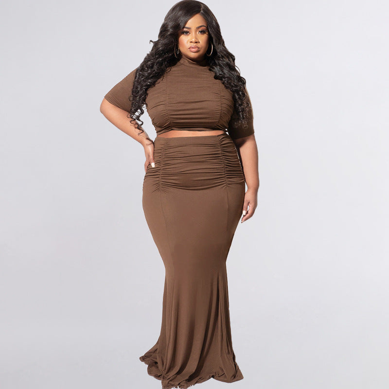 Plus Size Solid Color Short Sleeve Casual Two-Piece Suit Women Suit