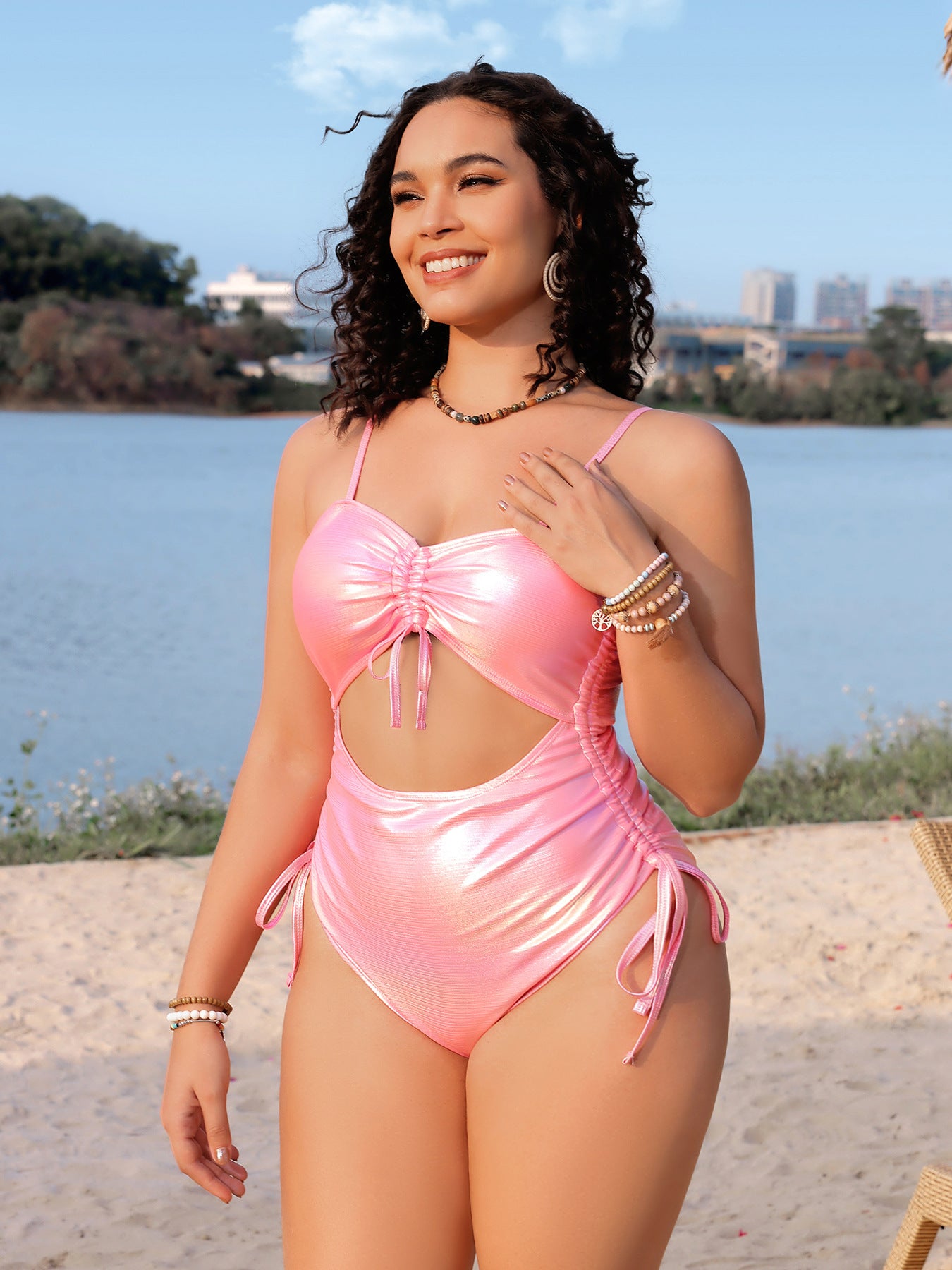 Plus Size Sexy Solid Color Drawstring One Piece Women Swimsuit