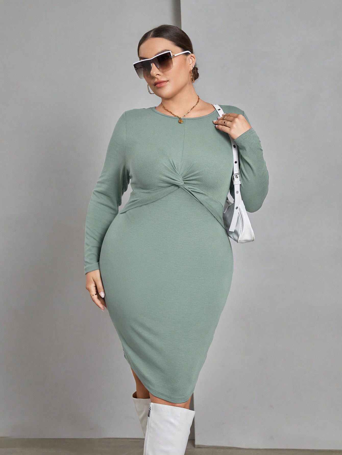 Long Sleeve Round Neck Slim Waist Office Lady Sheath Knitted Dress