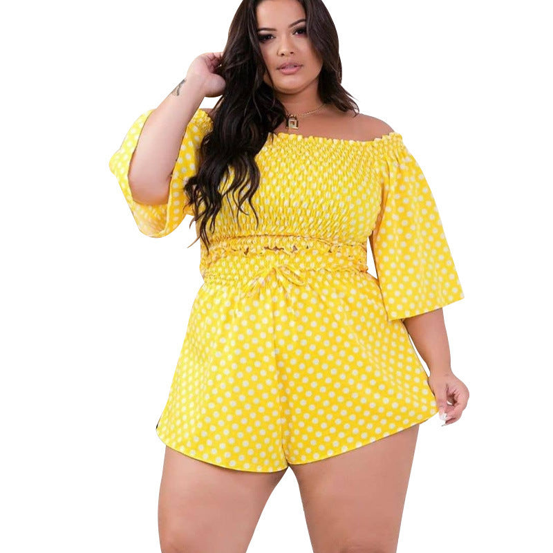 Plus Size Casual Suit Summer Pants Polka Dot off Shoulder Top - Curvy 'n Pretty