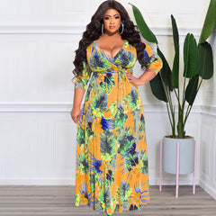 Plus Size Summer Women Floral Leaf Print Loose Dress with Belt