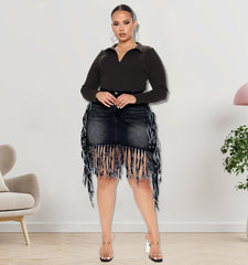 Plus Size Women Clothes Spring Denim Skirt with Tassel