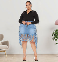 Plus Size Women Clothes Spring Denim Skirt with Tassel