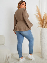 Plus Size Solid Color V neck Long Sleeve Casual Top