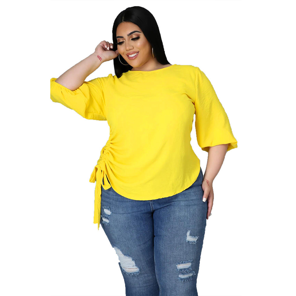 Solid Color round Neck T shirt Irregular Long Sleeve Top - Curvy 'n Pretty