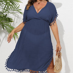 Beach Cover Up Tassel Stitching Deep V Plunge Waist Dress