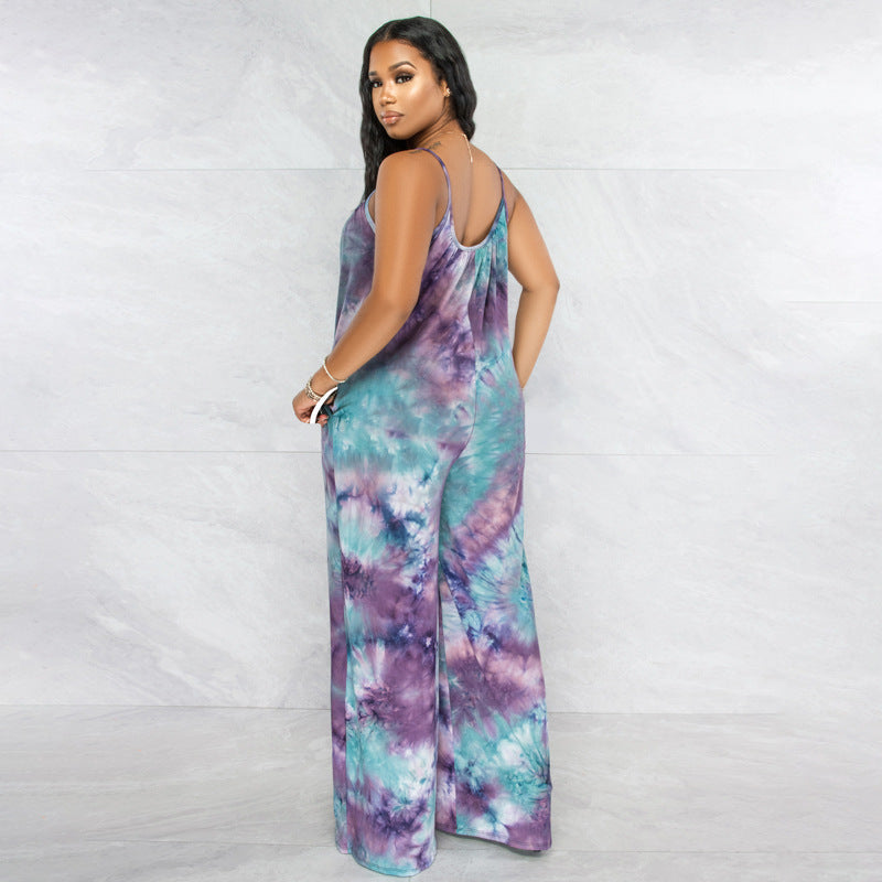 Tie-Dyed Printed Sling Casual Pants Straight Stylish Loose Jumpsuit