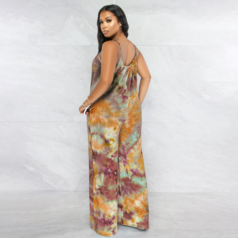 Tie-Dyed Printed Sling Casual Pants Straight Stylish Loose Jumpsuit