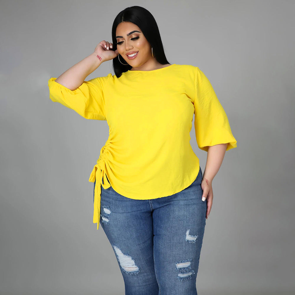 Solid Color round Neck T shirt Irregular Long Sleeve Top - Curvy 'n Pretty