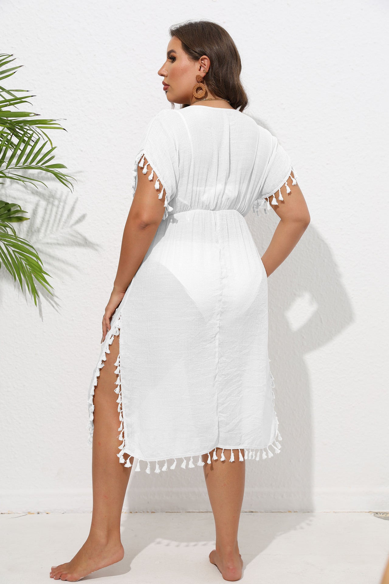 Beach Cover Up Tassel Stitching Deep V Plunge Waist Dress