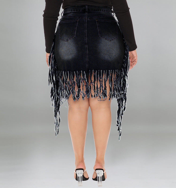 Plus Size Women Clothes Spring Denim Skirt with Tassel