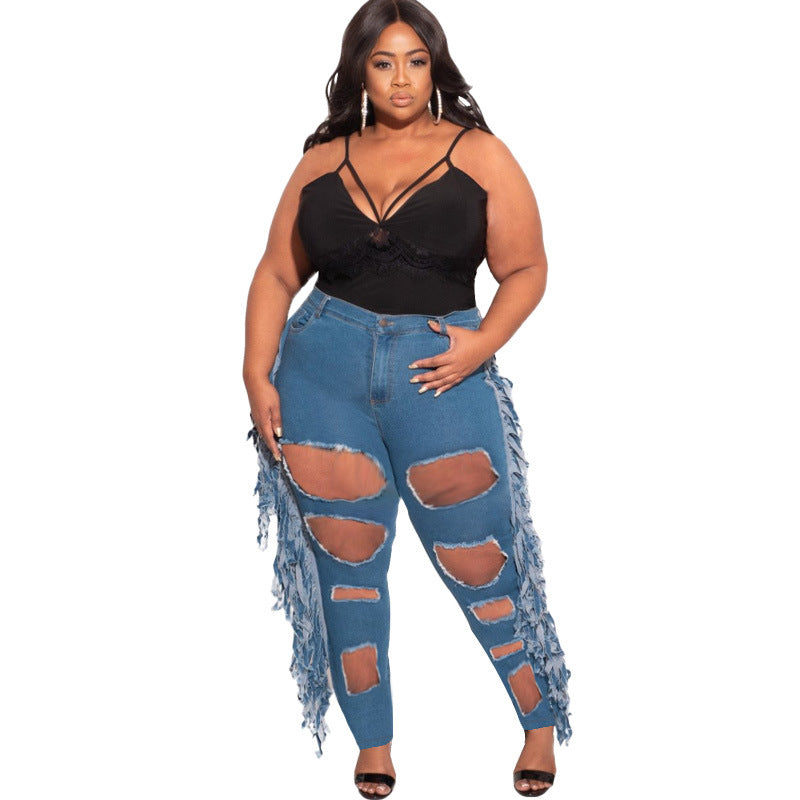 Plus Size Mid Waist Ripped Tassel Trendy Women Stretch Jeans