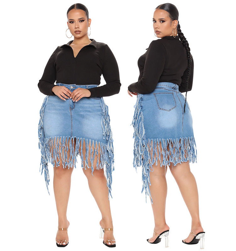 Plus Size Women Clothes Spring Denim Skirt with Tassel