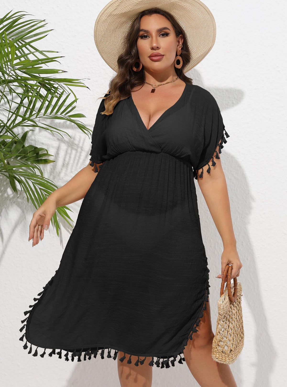 Beach Cover Up Tassel Stitching Deep V Plunge Waist Dress