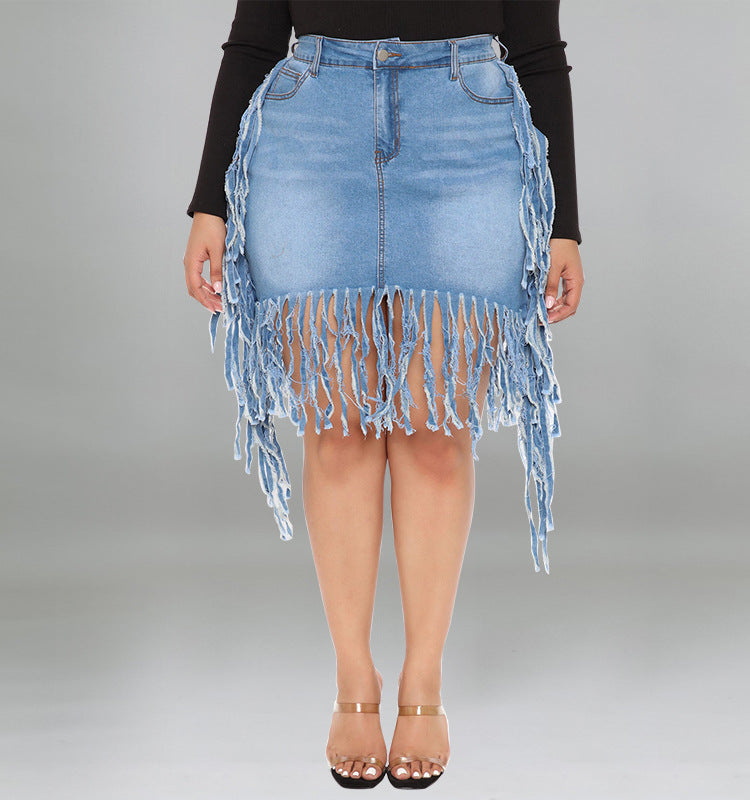 Plus Size Women Clothes Spring Denim Skirt with Tassel