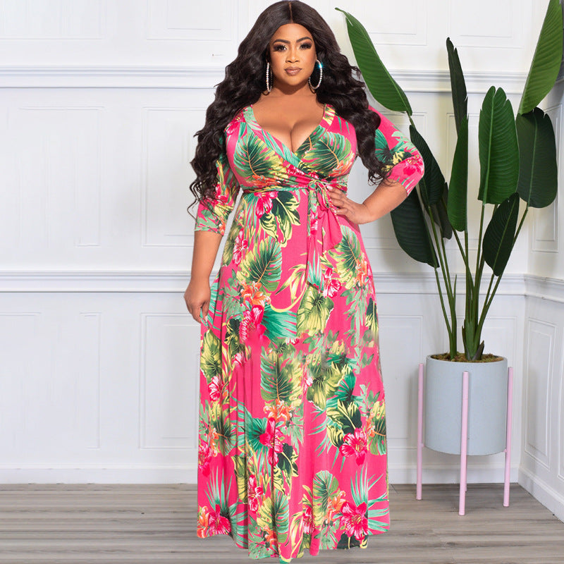 Plus Size Summer Women Floral Leaf Print Loose Dress with Belt