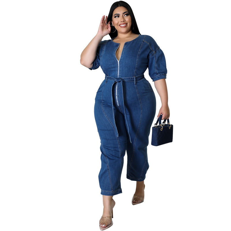 Short Sleeve Zipper Wash Denim Jumpsuit