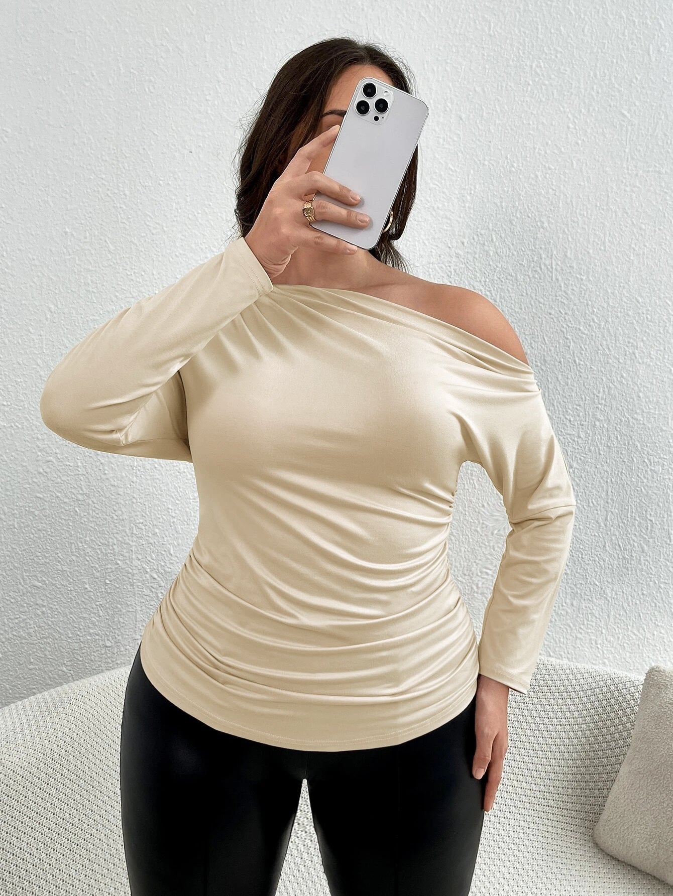 Diagonal Collar Sexy Off Shoulder Slim Solid Color Long Sleeve T Shirt Top - Curvy 'n Pretty