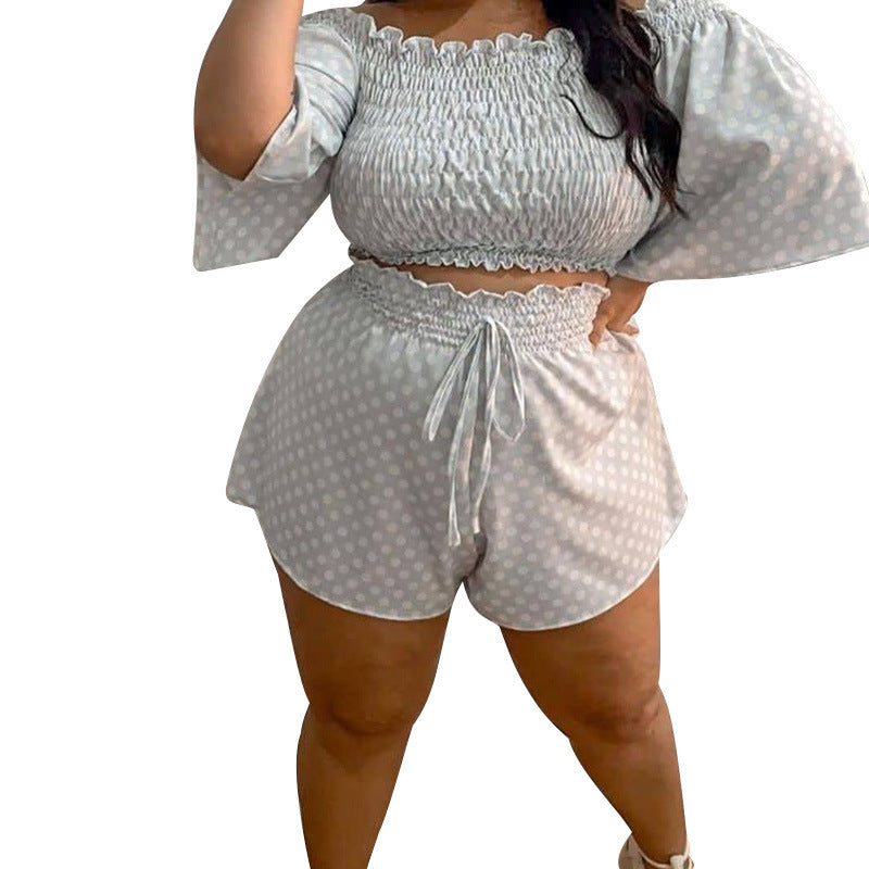 Plus Size Casual Suit Summer Pants Polka Dot off Shoulder Top - Curvy 'n Pretty