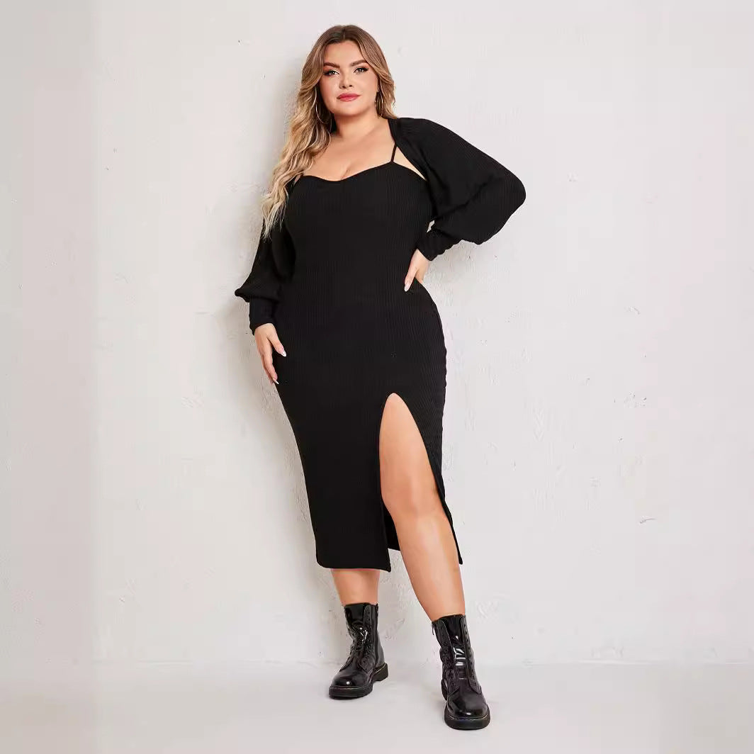 Plus Size Simple Suit Outer Strap Backless Dress High Slit