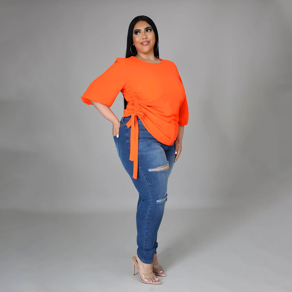 Solid Color round Neck T shirt Irregular Long Sleeve Top - Curvy 'n Pretty