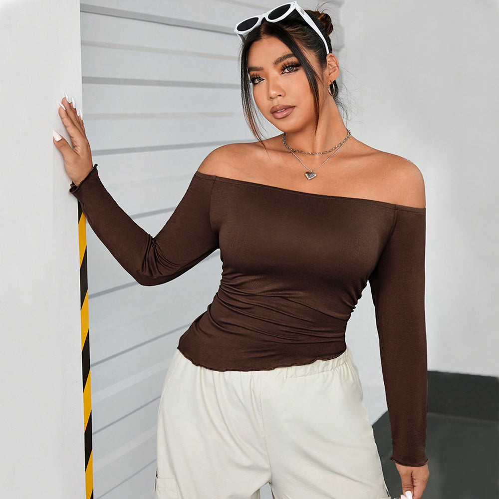 Brown Off Shoulder Long Sleeve T Shirt Sexy Solid Color Top - Curvy 'n Pretty