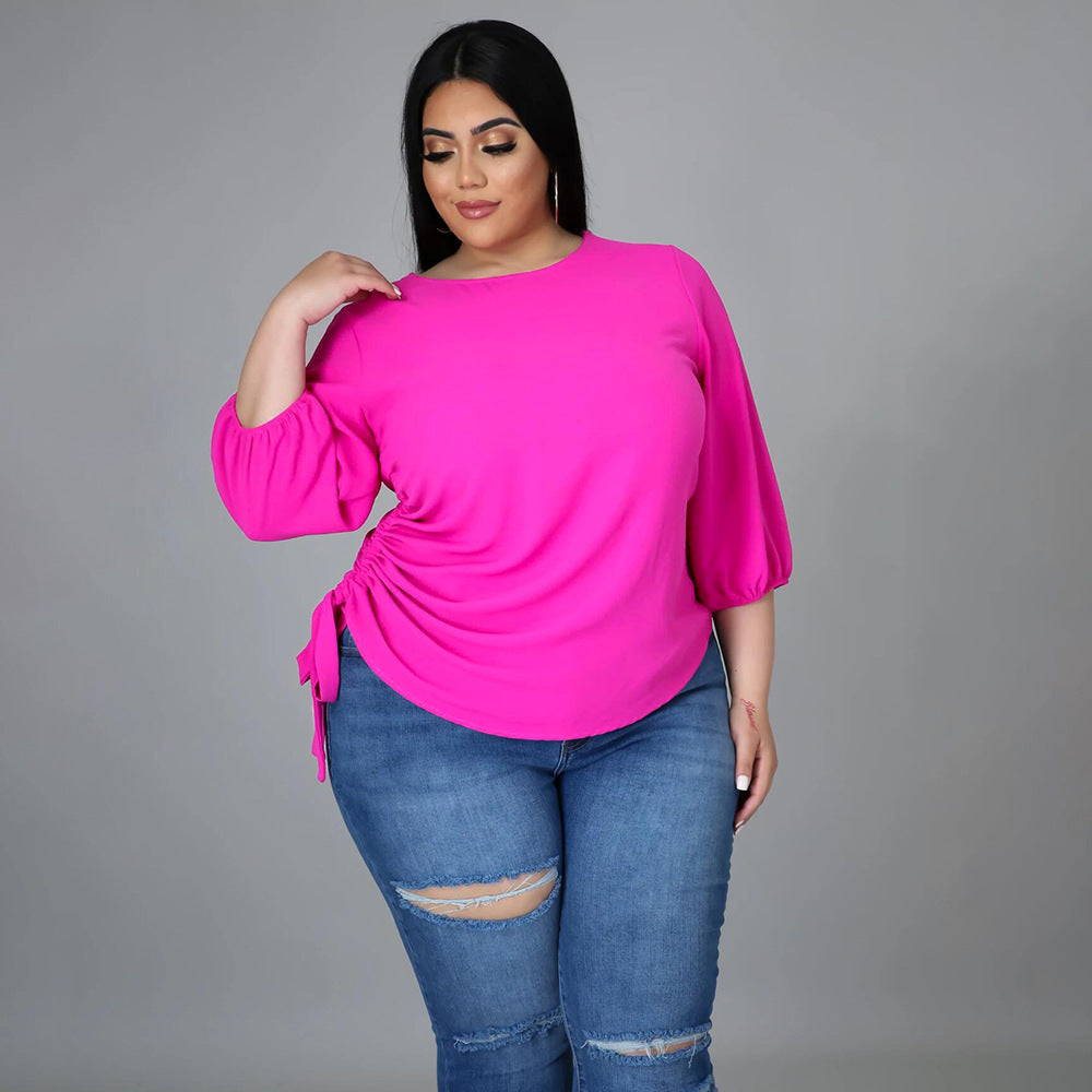 Solid Color round Neck T shirt Irregular Long Sleeve Top - Curvy 'n Pretty