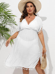 Beach Cover Up Tassel Stitching Deep V Plunge Waist Dress