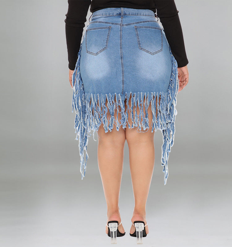 Plus Size Women Clothes Spring Denim Skirt with Tassel