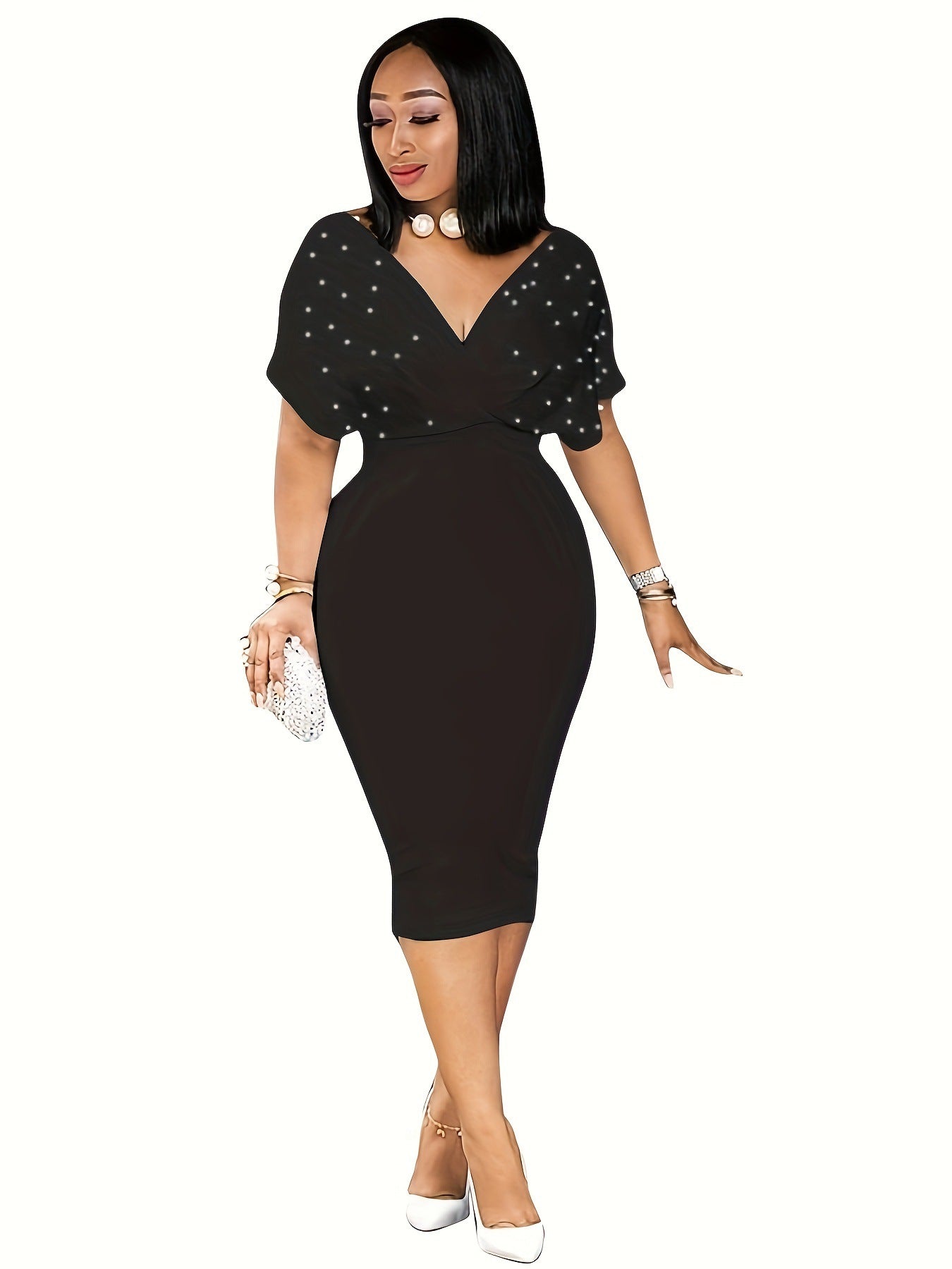 Plus Size Elegant V neck Solid Color Waist Tight Jumpsuit Midi Dress - Curvy 'n Pretty