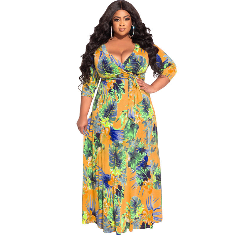 Plus Size Summer Women Floral Leaf Print Loose Dress with Belt