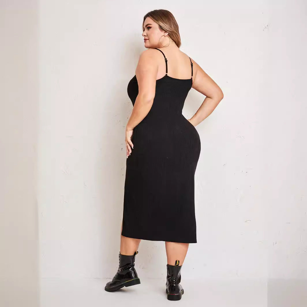 Plus Size Simple Suit Outer Strap Backless Dress High Slit